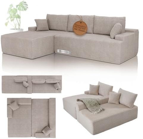 Juskys Sofa Coredo - modernes Cord Sofa mit Ottomane Links, gemütliche Couch mit Schaumstoffpolsterung, Cordbezug & Kissen, modular - Taupe