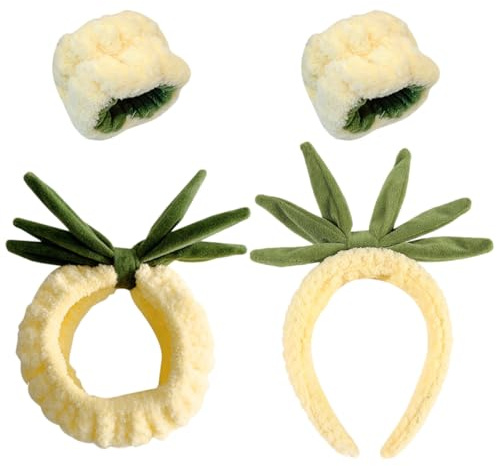 VILLCASE Gesichtswasch Stirnband und Armbandset mit Ananas Motiv aus Stoff Saugfähig und Stabil Am Handgelenk für Sport und Reisen