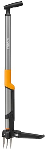 Fiskars Ergonomic Estirpatore di Erbacce, Estirpatore Lungo con 4 Artigli in Acciaio Inox, Impugnatura Ergonomica Offset, Sistema di Espulsione, Pedana Pieghevole, Nero/Arancione, 1082708