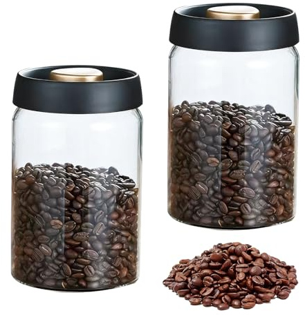 eupdd kaffeebohnen behälter: 2 Stück Vakuum Kaffeedose Glas 1200ml 10.4x18cm Schwarz Gold Luftdicht Für Espresso Barista Haushalt Küche Büro Kaffee Tee Nüsse Lagerung