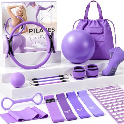 Pilates Set für Damen – Heimtrainings-Set mit Pilates Ring, Fitnessball, Widerstandsbänder mit Knöchelmanschetten, Anti-Rutsch Socken, Massageball – Pilates Zubehör für Yoga & Ganzkörper-Workout