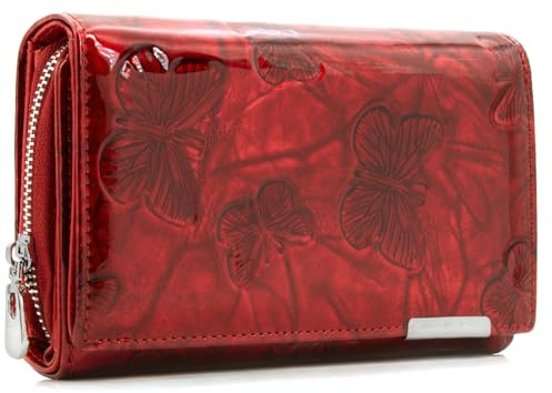 ekavale - Damen Geldbörse aus Lackiertem Leder - mit Schmetterling Muster - stilvolles Portemonnaie mit RFID-Schutz - sichere Brieftasche für Frauen mit viele Kartenfächer - Leather-Wallet (Rot)