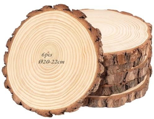 12 Stück Holzscheiben 20-22 cm Durchmesser mit Rinde, Runde Baumscheiben aus Naturholz, 20 mm Dicke, Rustikale Holzscheiben Deko für Hochzeit, Tischdeko, Kerzen & Vintage Deko