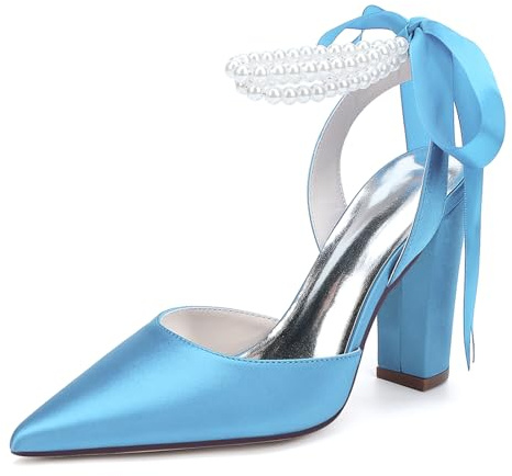 HFWXYSA Escarpins Femme Mariage Bout Pointu Talon Carré Satin Perles Bride Cheville Chaussures Cérémonie Confortable Demoiselle
