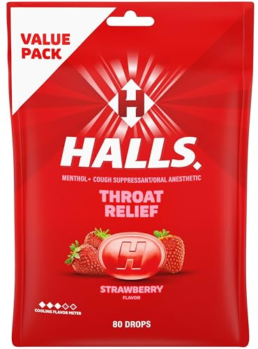 HALLS Throat Relief Strawberry Cough Drops, Value Pack, 80 Drops