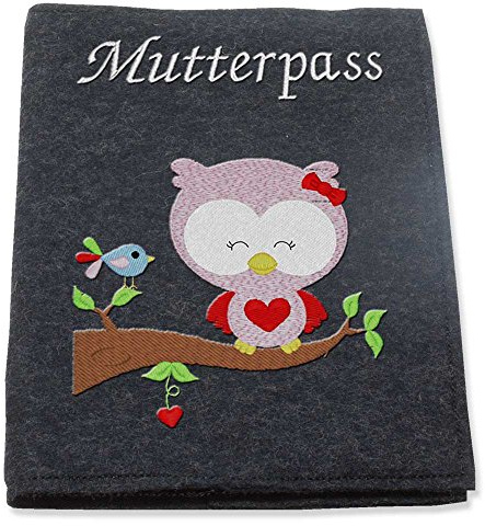 Mutterpass-hülle Wollfilz bestickt ★ Motiv Eule Vogel★ Filzfarbwahl hellgrau grau dunkelgrau ★ Handarbeit ★ passend für den deutschen Mutterpass ★ (dunkelgrau)