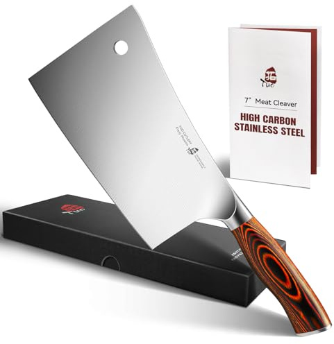TUO Meat Cleaver, 7 inch Heavy Duty Bone Chopper, High Carbon German Stainless Steel Butcher Knife, Pakkawood Handle Kitchen Chopping Knife with Gift Box - Fiery Phoenix Series