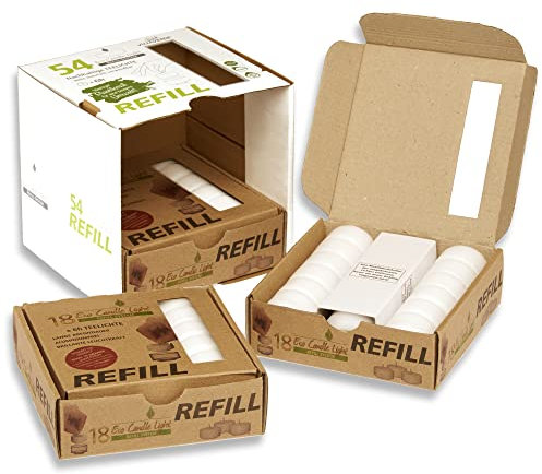 Candelo Eco Refill Teelichter 54 Stück Wachsrohlinge ohne Hülle für wiederverwendbare Teelichthüllen & Windlichter Plastikfrei, geruchsneutral, 6 Std Brenndauer Nachhaltige Vorratspackung