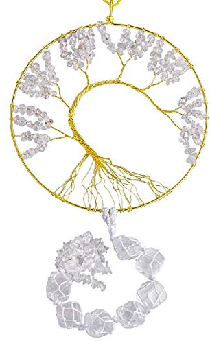 KYEYGWO Stein Baum des Lebens Hängeornament mit Bergkristall Trommelsteine, Heilung Kristall Aufhängene Edelstein Traumfänger Handgemacht Windspiele Hängedeko für Haus Büro Hochzeit Souvenir