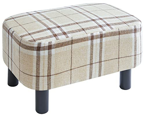 YMYNY HD-HRF-BD215 Fotpall, rektangulär ottoman med stabila träben, fotstöd i modernt linnetyg, pall för att byta skor i vardagsrummet, vadderad stol för sovrum, 42 cm, randig