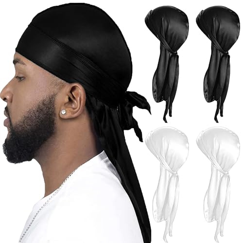 CINY Silky Satin Durag, Lätt vikt Andningshuvudomslag Durag Long Tail Mössor Keps Unisex Durags för män och kvinnor Bandana Silk Sleep Cap Silk Pirate Hat Bonnet Rems Headwraps（2 svart 2 vit）