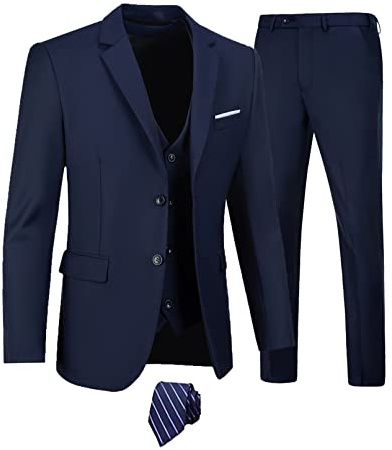 Furuyal Herren-Anzüge, 3-teilig, schmale Passform, Anzug-Set, Zwei Knöpfe, Hochzeit, Business, Smoking, solide Blazer, Jacke, Weste, Hose mit Krawatte, Marineblau, XL