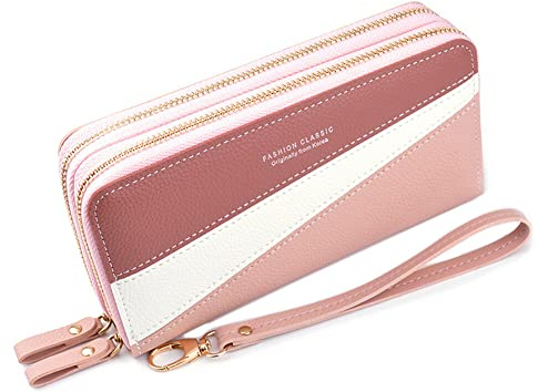 Diyafas Doppelter Reißverschluss Geldbörse für Damen Lange Portemonnaie Große Kapazität Geldbeutel Mädchen Clutch Handytasche mit Armband
