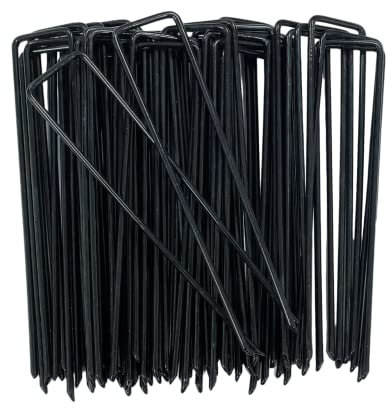 VIROSA Pack of 100 Black Garden Pegs, 6''/150mm, Stakes, Landscape Staples, U Shaped Nail Pins | Galvanised Steel | Ideal for Weed Control Membrane, Netting Fence, Landscape Fabric, Artificial Grass