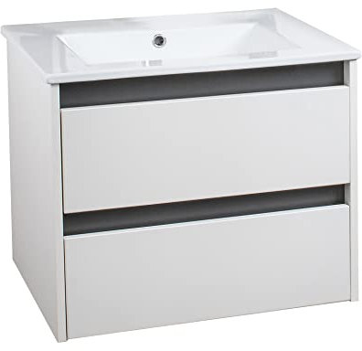 BadeDu BYK Badmöbel Set mit Waschbeckenunterschrank und Waschtisch – Unterschrank mit wechselbarer Blende in Weiß, Holz und Schwarz/Anthrazit – 60cm breit