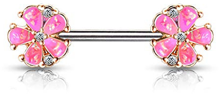 beyoutifulthings Brustwarzen-piercing Roségold Opal-Glitzer Blumen Pink Brust-piercing Nippel-piercing Chirurgenstahl Stab 14-mm