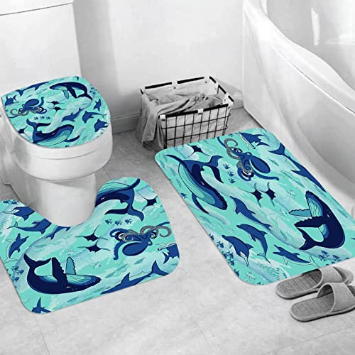 JIFOME Badteppich 3 Stück Weiche saugfähige Badematten,Fische und Meerestiere,rutschfeste Badematte Teppiche & Toilettendeckelabdeckung Set Waschbar