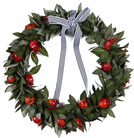 URMAGIC Fall Wreath for Front Door,45cm Autumn Wreath,Red Pomegranate Wreath,Farmhouse Door Wreaths,Thanksgiving Wreaths Decoration,Maple Leaf Wreath,Fall Autumn Decoration