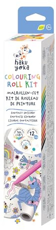 Haku Yoka 6303068 Wachsmal-Set, Malrolle Einhorn, 12 Bunte Wachsmalkreiden mit selbsthaftender Malvorlage, für Kinder ab 3 Jahren
