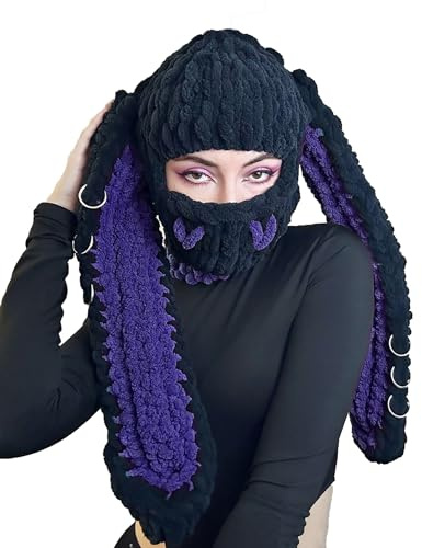 LingXuanGe Bunny Ear Beanie - Kaninchen Ohren Kappe für Frauen - Stricken Häkeln Hut - Flauschige Mütze