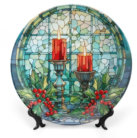 Gokays Christmas Decorative Plates, Christmas Candles and Holly Flower Stained Glass Style Ceramic Plate Home Wobble-Plate w/Display Stand, Wall Hanging Decor for Dining Room Kitchen Household 8 Inch