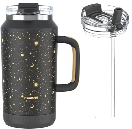 Hydraful Vaso de 64 onzas con asa y pajita, 100% a prueba de fugas, vaso aislado reutilizable de acero inoxidable, botella de agua grande, taza de viaje para gimnasio, senderismo y campamento, regalos