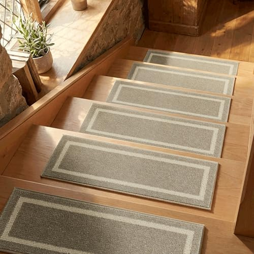 COSY HOMEER Nonslip Stair Treads 15 pcs, Indoor Stair Runners Beige | 22 x 70cm Indoor Carpet Treads for Stairs for Kids Elders Dogs,Polyester Quick Peel &Self-adhesive Washable Stair Carpet Pads