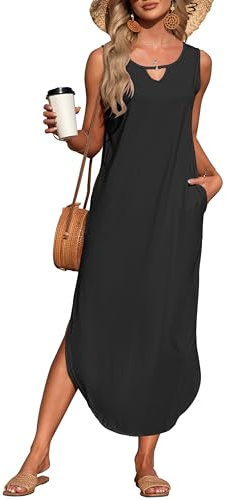 AUSELILY Womens Maxi Dress Black Halter Sleeveless Beach Sun Coverup Tank Holiday Split Dress with Pockets L