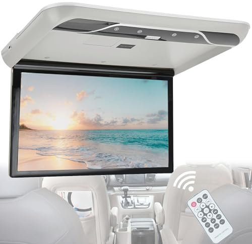 AUTUMFLATGAO Reproductor De Techo para Automóvil De 19, Monitor Abatible para Automóvil con Parlantes Estéreo Incorporados, Pantalla Digital HD De 1080p con Luz Ambiental, HDMI IR FM USB,Grey