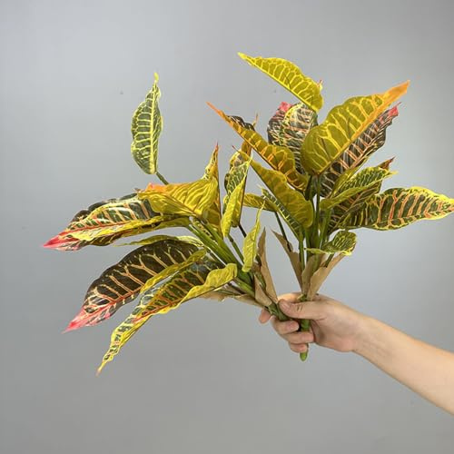 2Pcs Croton Artificial Plant with Colorful Leaves Lifelike Tropical Houseplant Bush Stems for Home Office Garden Pot Decoration
