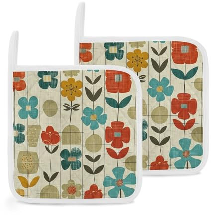 Mustard Yellow Vintage Pot Holder Set of 2 Kitchen Heat Resistant Thickened Hot Pads with Loop Waterproof Durable Potholders for Microwave Cooking Baking Oven BBQ 8 X 8 Inch