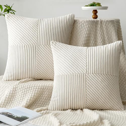 MIULEE Kissenbezug 50x50 Creme Kordsamt 2er Set Kissenbezüge Zierkissenbezug Kissenhülle Sofakissen Dekokissen Streifen Muster unregelmäßig Design für Wohnzimmer