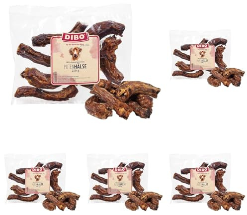 DIBO Puten-Hälse, 250g-Beutel,der kleine Naturkau-Snack oder Leckerli für Zwischendurch, Hundefutter, Qualitätskauartikel ohne Chemie (Packung mit 5)