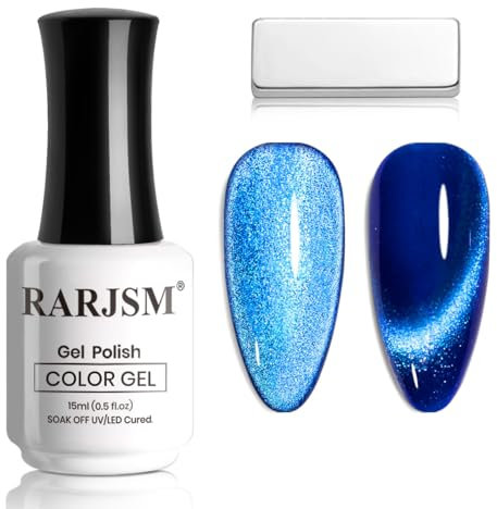 RARJSM Blue Magnetic Cat Eye Gel Nail Polish Silver Glitter 15ml 9D Cateye Galaxy Universal Shimmer Velvet Ice Gel Polish with Magnet Stick UV LED Curing Require Soak Off Home Salon