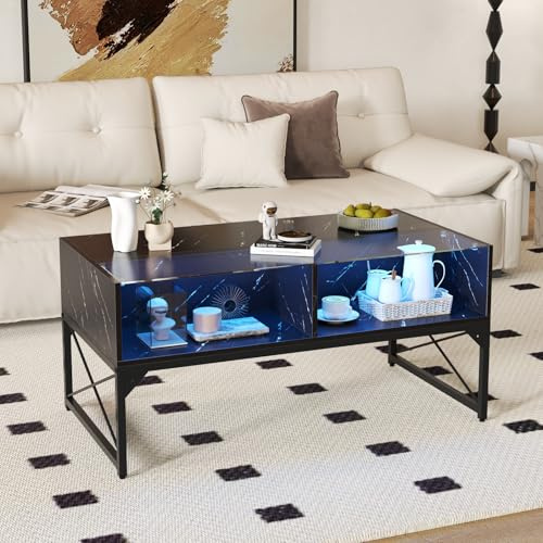 GOPLUS Mesa de Centro con Luces LED, Mesa de Salón con 4 Cubos de Almacenamiento, Superficie de Mármol Sintético y Vidrio Templado, Control Remoto, Mesa de Café Moderna para Salón Oficina (Negro)