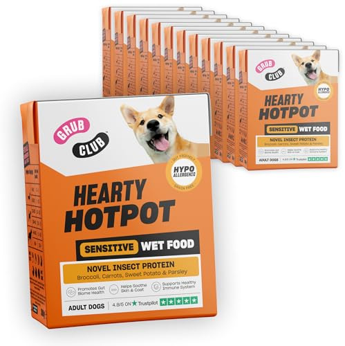 GRUB CLUB Hearty Hotpot Wet Dog Food for Adult Dogs | Insect Protein Recipe - Broccoli, Carrots & Sweet Potato | Hypoallergenic, Grain-Free & Gut-Friendly Prebiotics Superfood | 390g Carton (12 Pack)