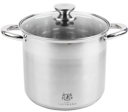 KARL HAUSMANN Olla de Acero Inoxidable con Tapa - 9 Litros - 24 cm - Grande Cacerola para Todo Tipo de Cocinas Incluida Induccion - Escala de Medición - Orificios de Ventilación - Cazuela de Cocina