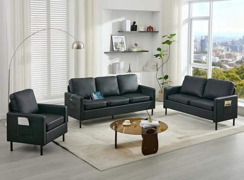 STHOUYN 3 Piece Living Room Furniture Sets, 3 Seat Couch and Loveseat with 2 USB, Single Sofa Accent Chair, Modern Small Couches for Small Spaces (Black 1+2+3)