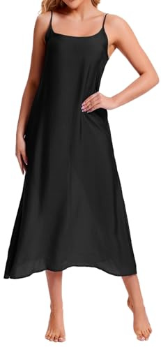 Women's Cotton Silk Long Full Slips for Under Dresses Camisoles Slip Dress Cami Dress Chemise Petticoat Black