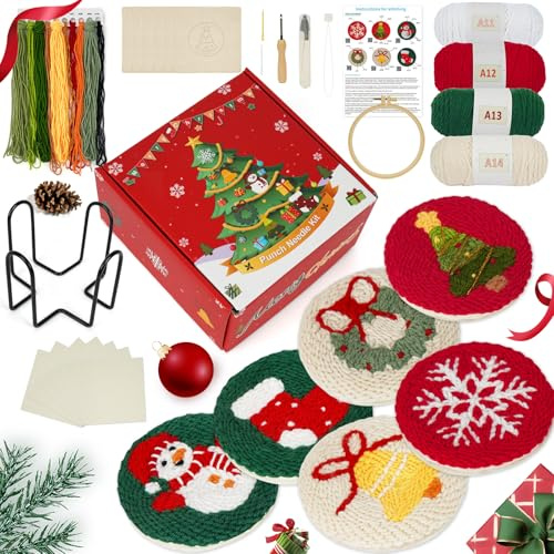 ZgoEC Häkel Set für Anfänger, Punch Needle Kit Untersetzer mit 6 Weihnachtsmuster, Easy Craft DIY Punch Nadel Stickerei Kit mit Video & Anleitung - Halter & Werkzeuge, Häkelnadel Weihnachten Geschenk