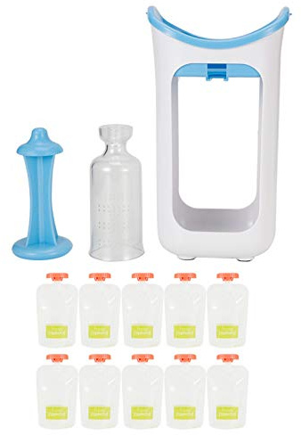 Restokki Portable Fruit Puree Squeezer Food Pouches Squeeze Station Press Store System Non slip Base for Home Kitchen (Blue)