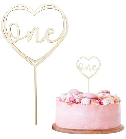Wooden Gold Heart First Birthday Cake Topper for Age One Celebrations, Double-Sided Decoration for Kids' Parties and Anniversaries