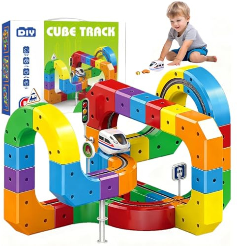 xinrongda Set da 81 pezzi Clickrail Electric Train Set di circuiti flessibili, fai da te a cubo con layout 3D di gravità, ferrovia magnetica & Magic Rail Block, regalo giocattolo per bambini