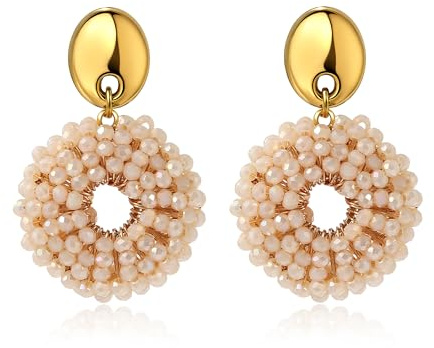 Boho Kristall Perlen Ohrringe Hängend für Damen Leichte Runde Statement Ohrringe Gold Elegant Modischer Schmuck für Alltag & Geschenk
