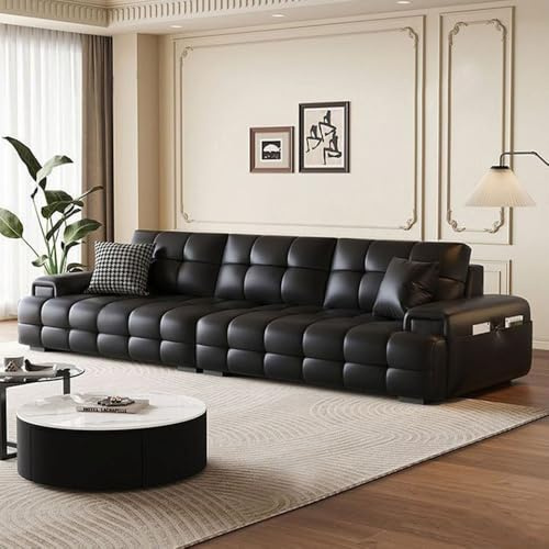 Italiensk lyxig enkel lädersoffa, massiv träram, rymlig och mjuk soffa, modern stor storlek, lämplig för vardagsrum/kontor/lägenhet.