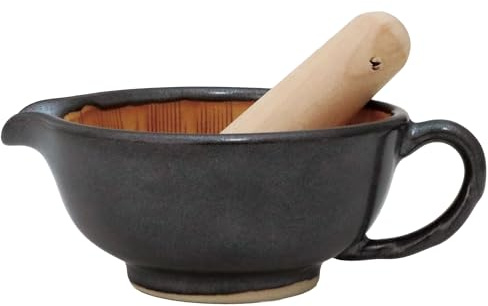 SASUGA Japanisches Suribachi Mörser- & Stößel-Set – Traditionelle Keramik-Reibschale mit Holzstößel für Saucen, Sesam, Gewürze & Kräuter(Schwarz)