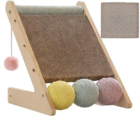 Rampa rascadora para Gatos en ángulo Inclinado, rascador Vertical para Gatos de cartón Corrugado con Bola y núcleo de Repuesto, Tablero de rampa para rascar en Esquina para Gato de Interior