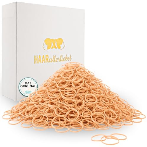 HAARallerliebst Haargummis klein – 250 Mini Haargummi (beige, 1 cm) – Dünne Gummibänder für Haare und Bart – Kleine Haargummis inkl. Schachtel weiss