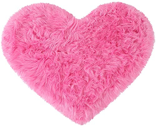sourcing map Tapis pelucheux à poils longs en fausse fourrure de mouton en forme de cœur pour canapé, salon, chambre à coucher, sol - Tapis en peluche doux et antidérapant - 70 x 90 cm - Rouge rose