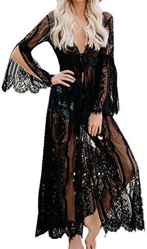 LikeJump Donna Pizzo Floreale Trasparente Caftan Vestito Lungo da Spiaggia Abito Maxi Parei Costume da Bagno Cover Up